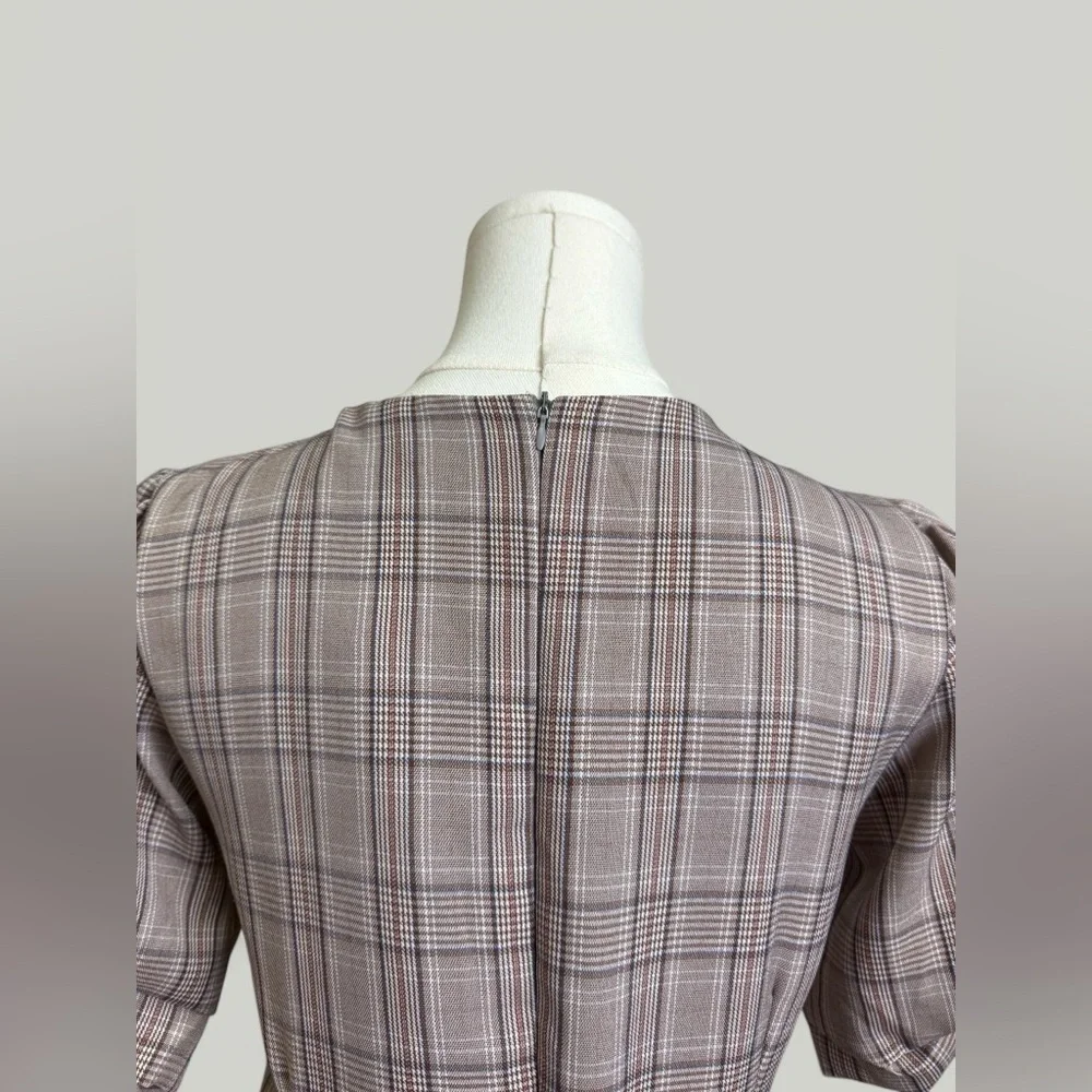 Plaid Dress Women Size Medium Brown Midi Sweetheart Neckline Puff Short Sleeves - Picture 7 of 11